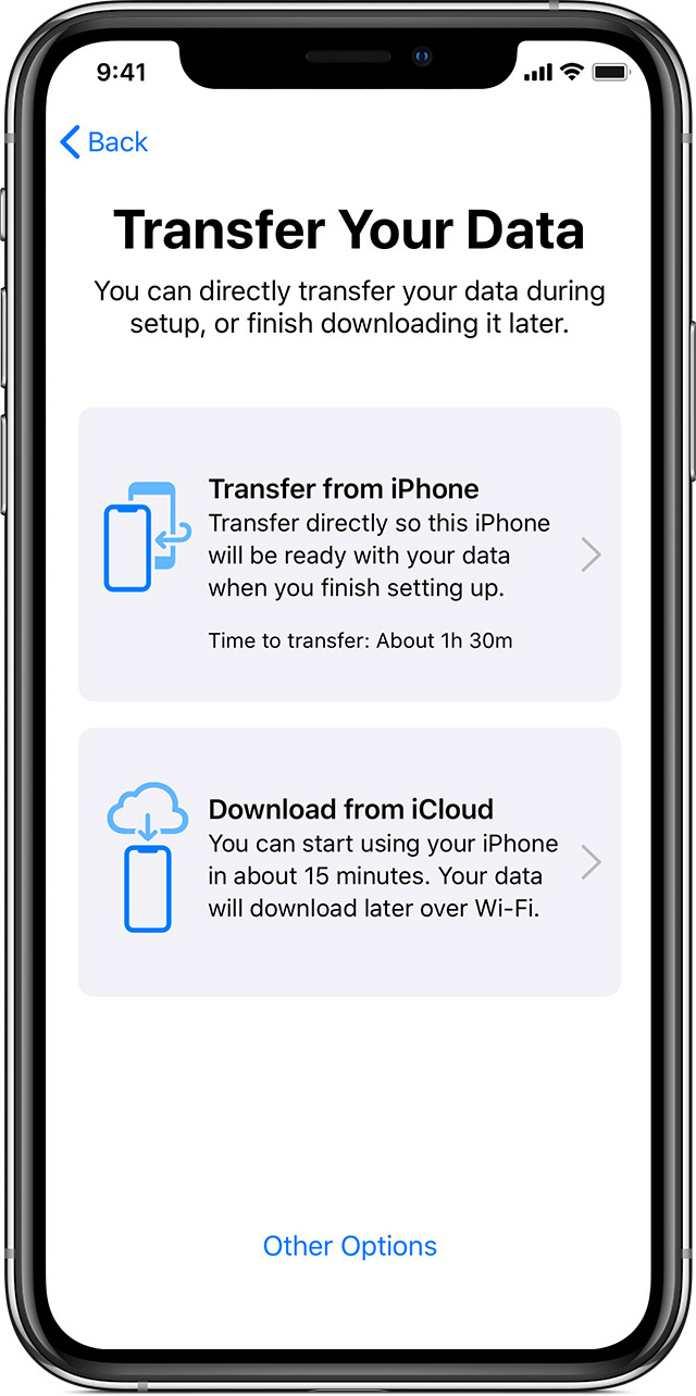 Configuración de iPhone de transferencia de datos de iOS 12.4