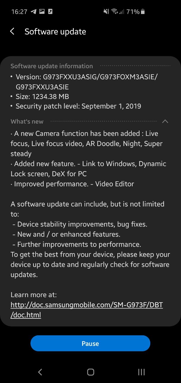 Samsung Galaxy S10 aggiorna l'elenco delle modifiche di settembre 2019