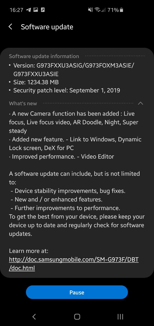 Samsung Galaxy S10 update September 2019 list of changes