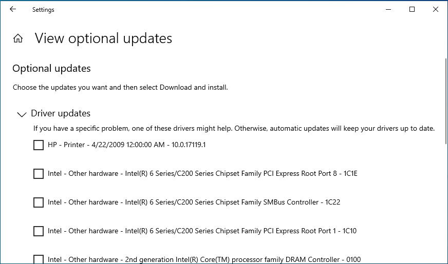 Windows 10 afzonderlijke optionele updates