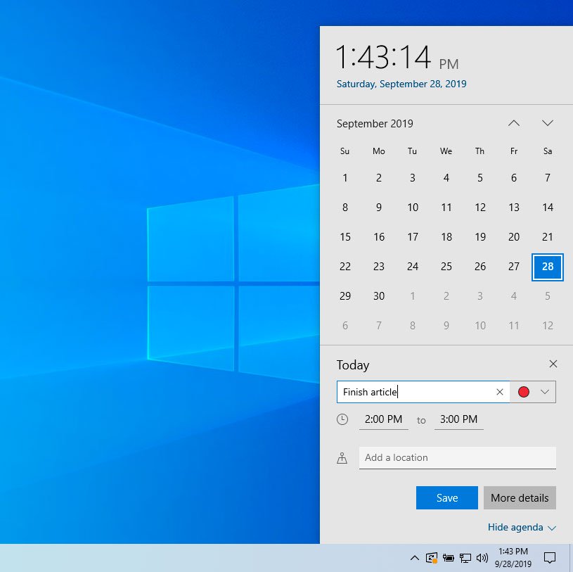 calendrier d'actualités Windows 10