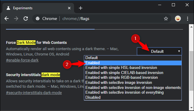 Google Chrome dark mode website activare