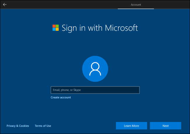 Instalación de Windows 10 cuenta de Microsoft en línea