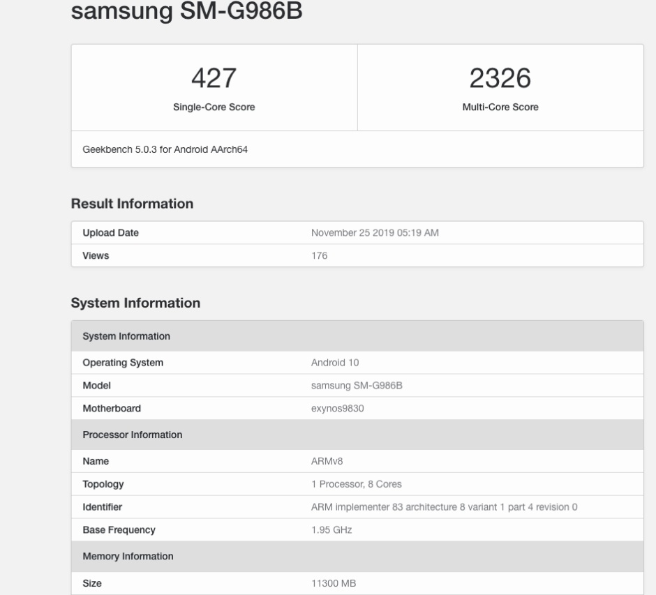 Samsung GALAXY S11 benchmark exynos 9830