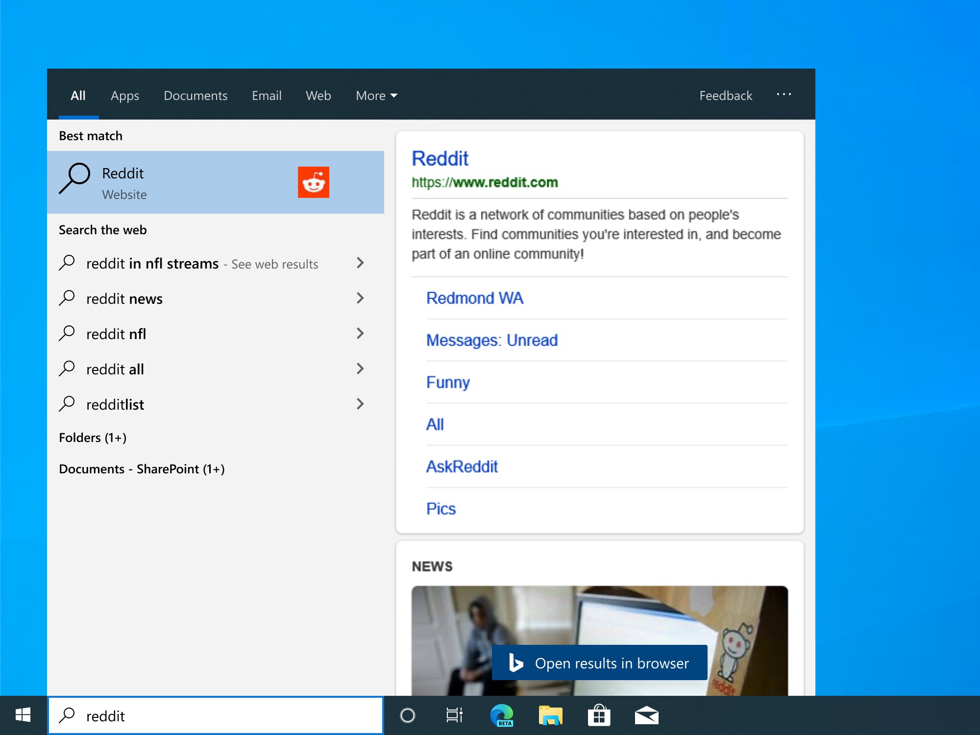 Menu Démarrer de Windows 10 Bing