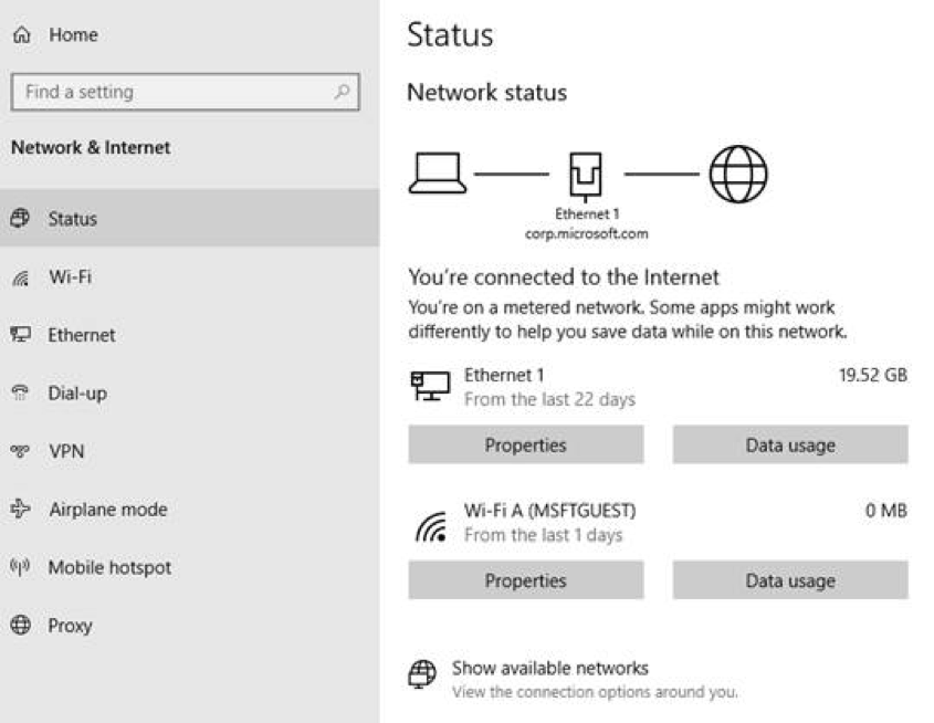 Windows 10 nätverksstatusgränssnitt