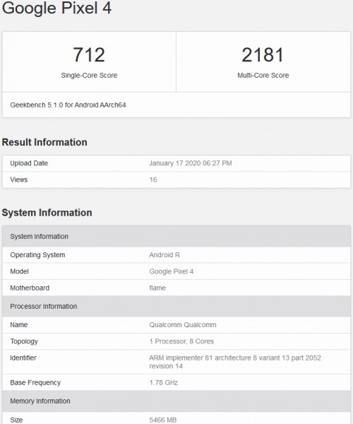 Android R Geebench Google Pixel 4