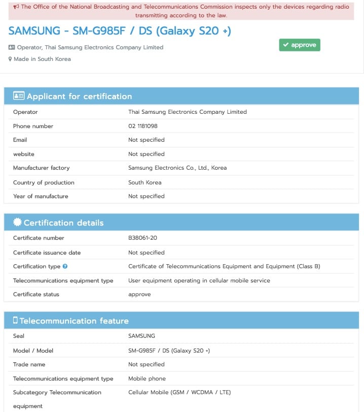 Certyfikat Samsung GALAXY S20 Plus w Tajlandii