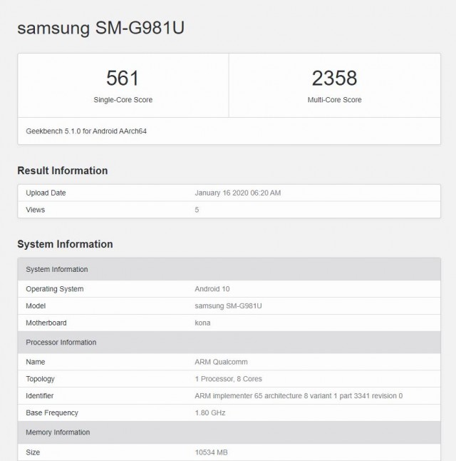 Wyniki Samsunga GALAXY S20 w Geekbenchu