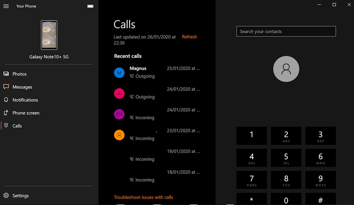 Windows 10 your phone dialer lista apeluri