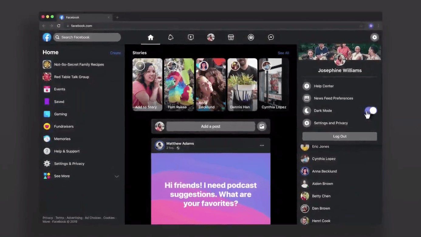 facebook dark mode web