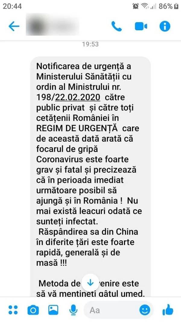Coronavirus Romania whatsapp fake message