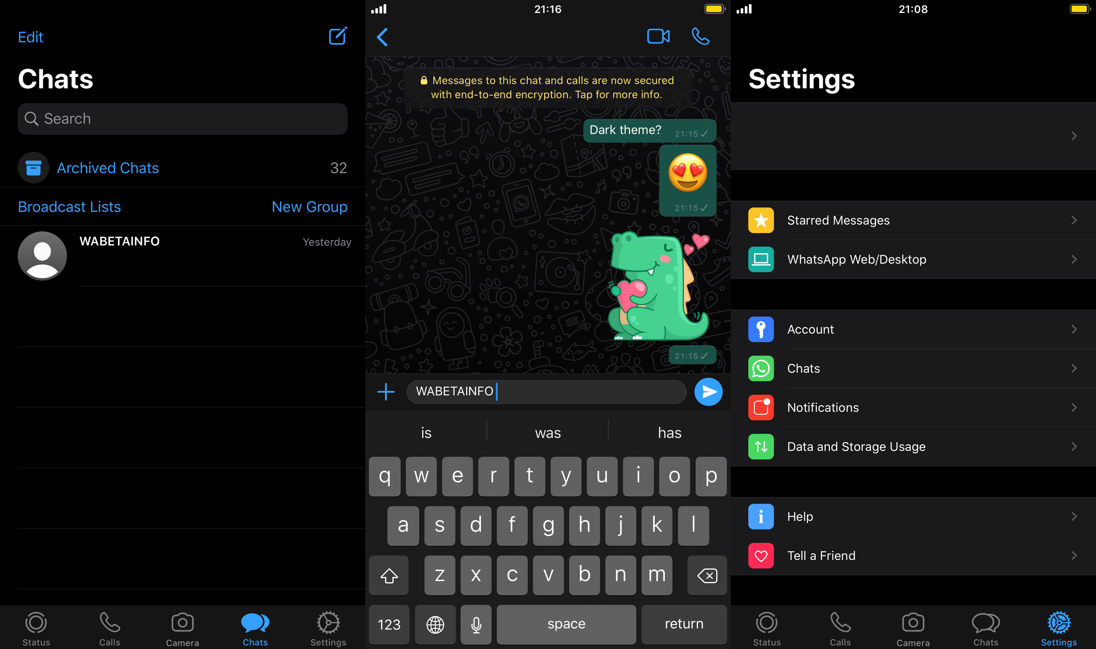 Interface du mode sombre de WhatsApp iOS 13