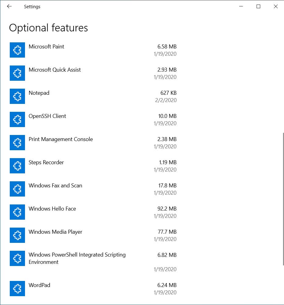 Windows 10 applications optional features