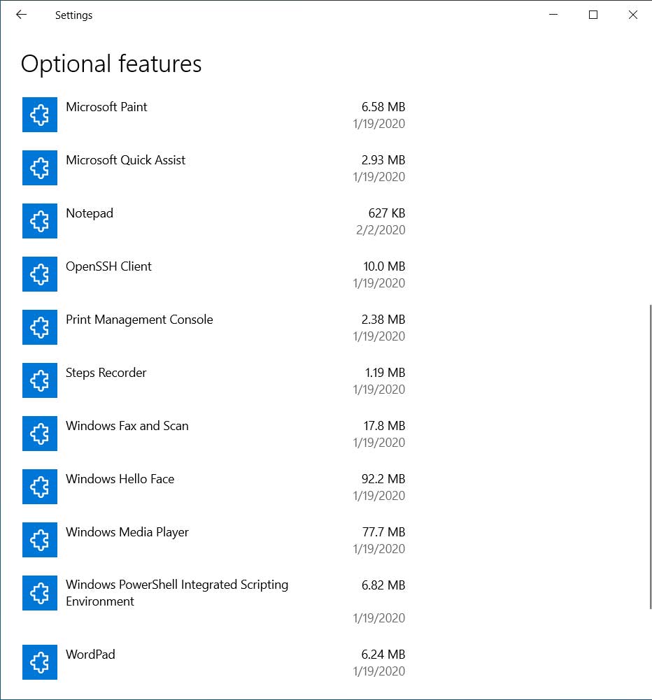 Fonctionnalités facultatives des applications Windows 10