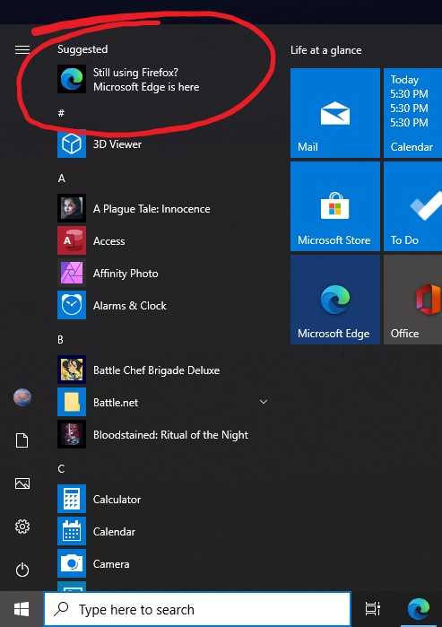 Windows 10 reclame firefox start menu