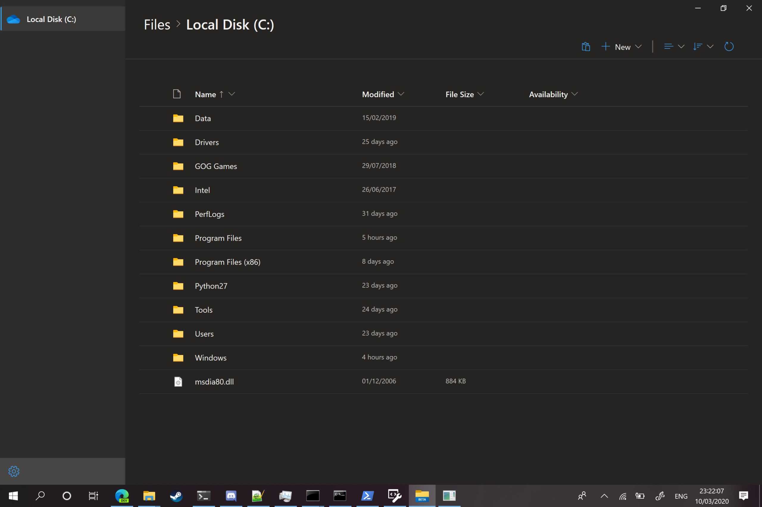 Windows 10X File Explorer uusi tumma tila