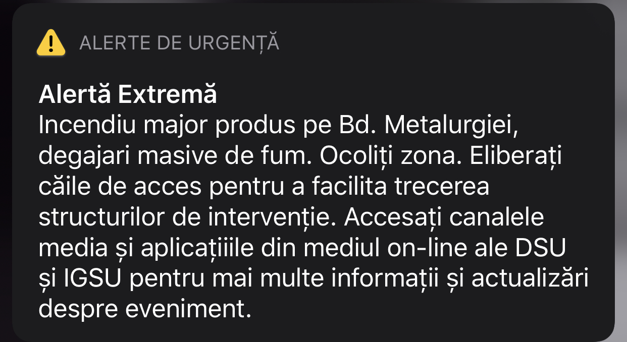 Mesajul RO-ALERT incendiu metalurgiei alerta