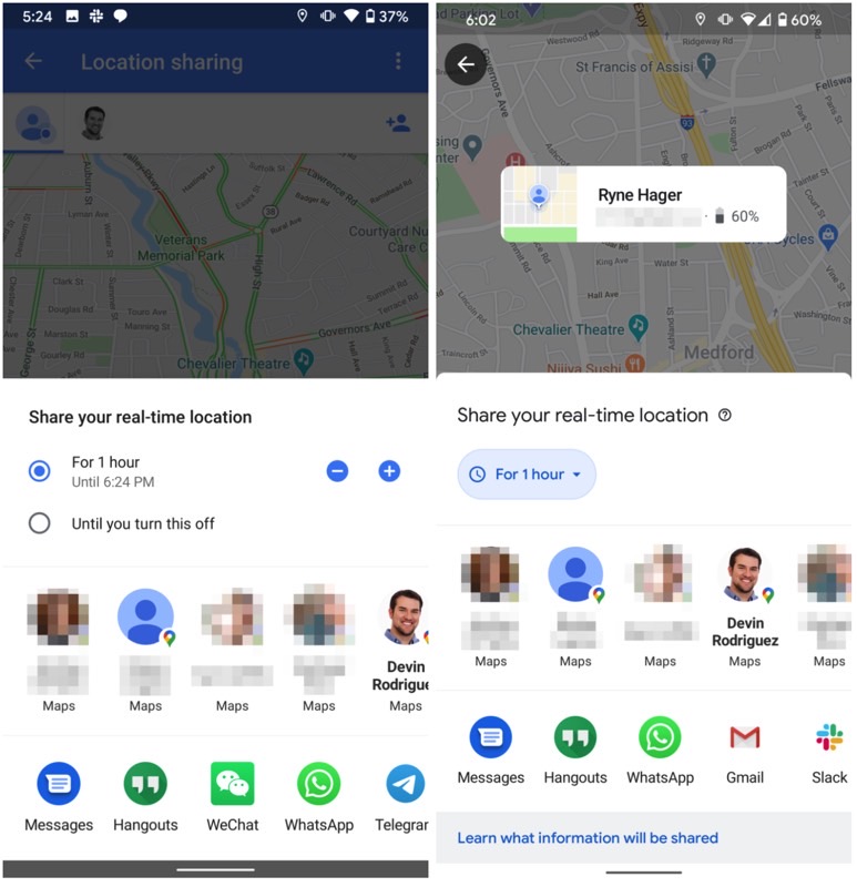 google maps location sharing interface