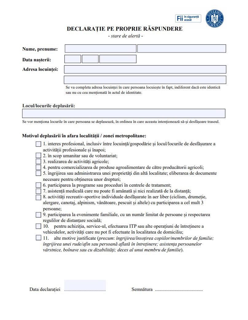 model declaratie iesire localitate stare alerta