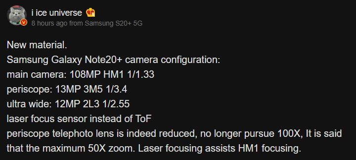 Samsung GALAXY Note 20 Plus -kameran tekniset tiedot
