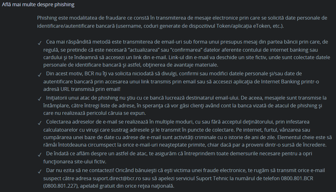 Identificación de phishing de BCR Rumania