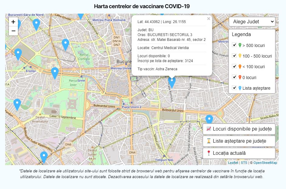 mappa del centro vaccinale del tipo di vaccino in romania