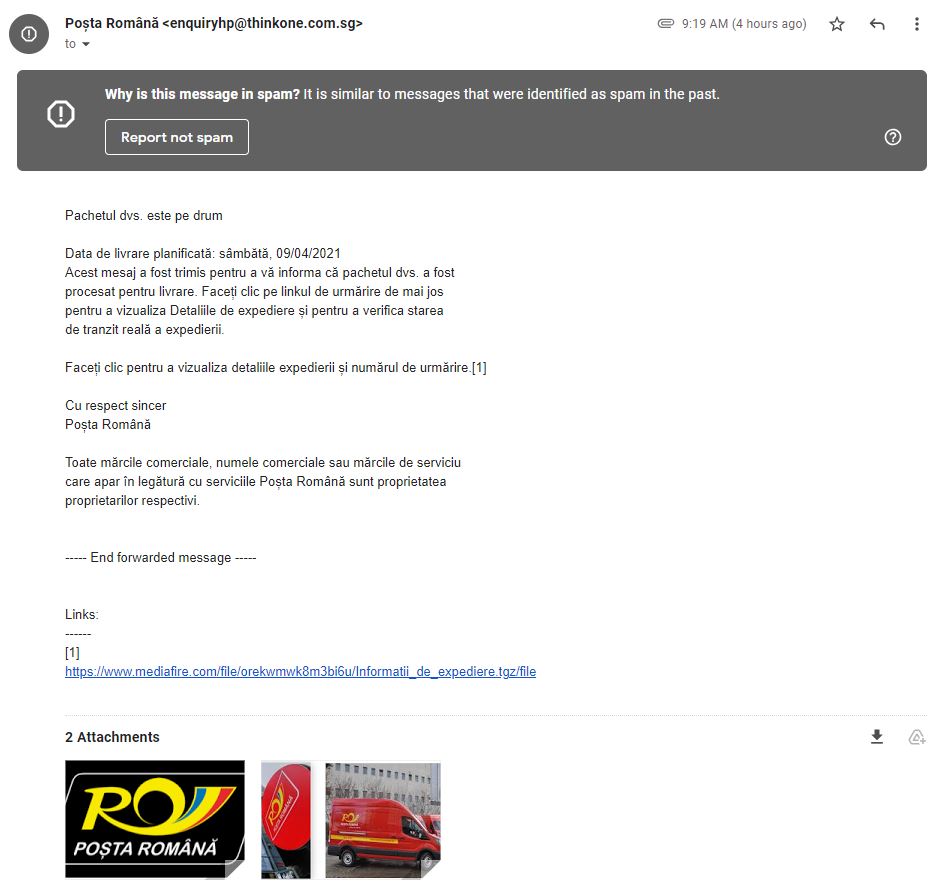 Attention Romanian Post malicious shipments