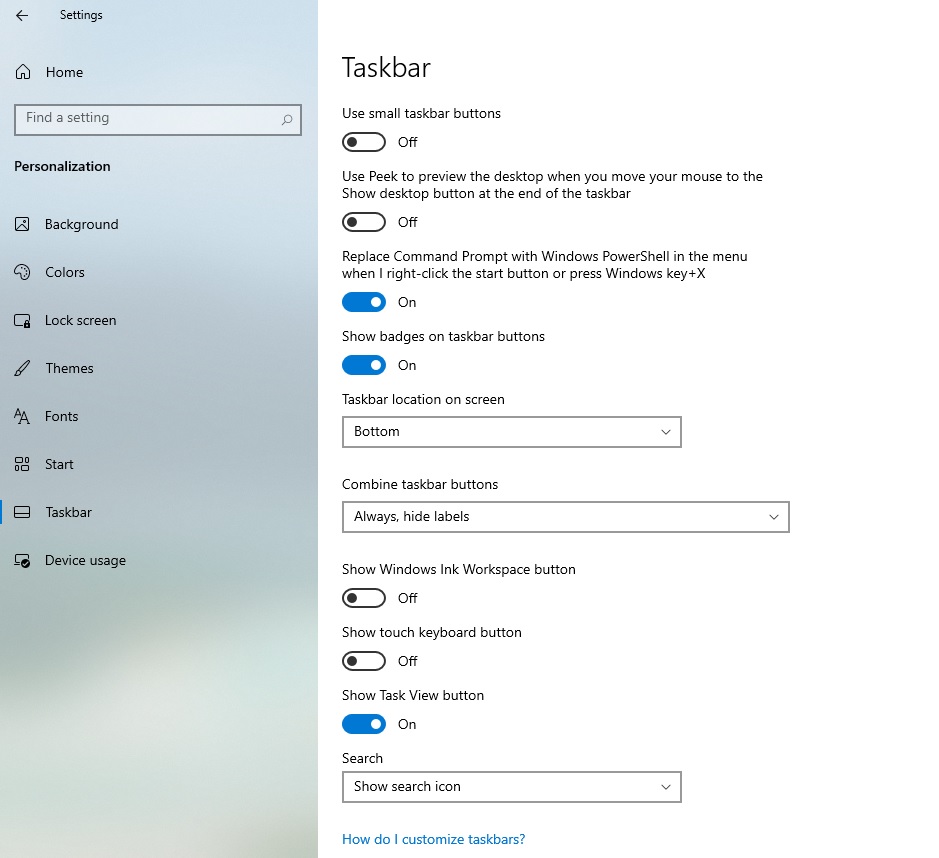 Barre de paramètres de Windows 10