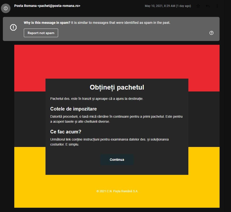 Avertissement de fausse identité de la poste roumaine