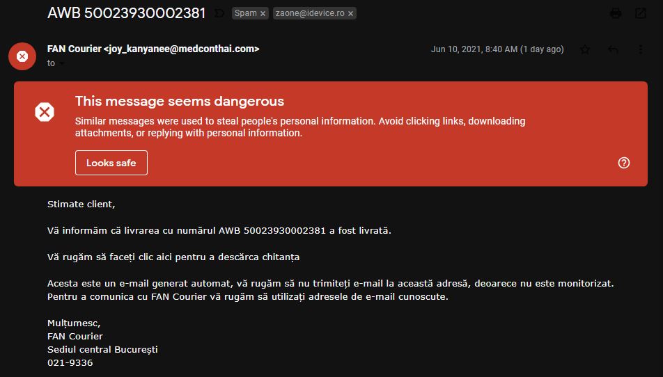 ALERTA FAN Courier atac malitios phishing