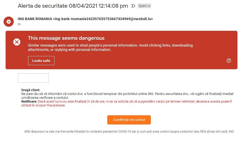 Verificación de alerta de ING Bank