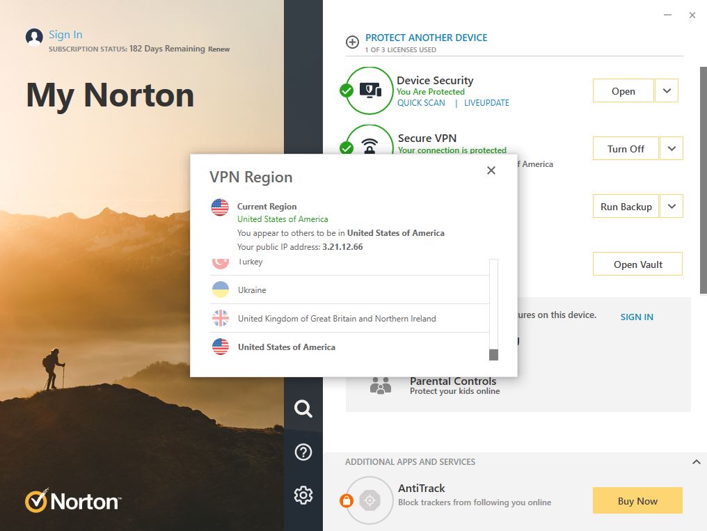Regiones de Norton 360 Deluxe VPN