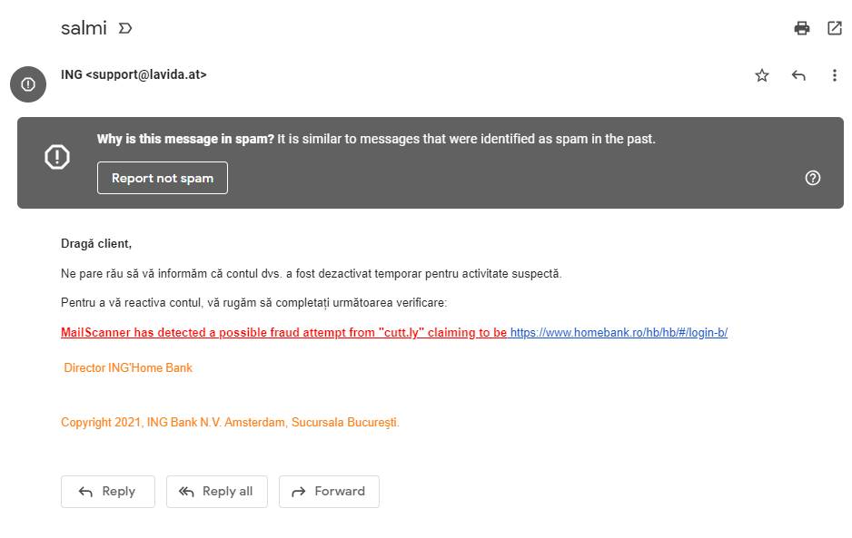 Banque ING Nouveau message d'ALERTE Clients roumains Attention email