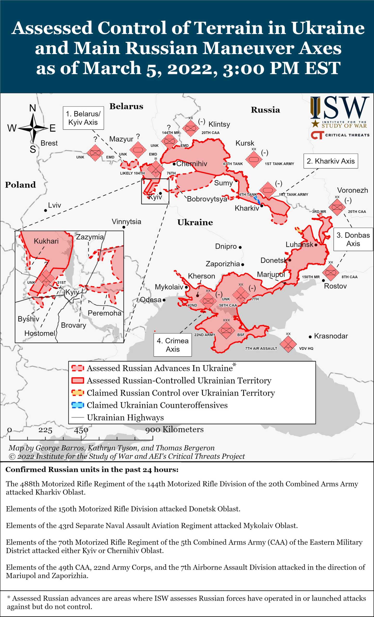 Kartta Venäjän miehittämistä alueista Ukrainassa - 6. maaliskuuta 2022 yksityiskohdat