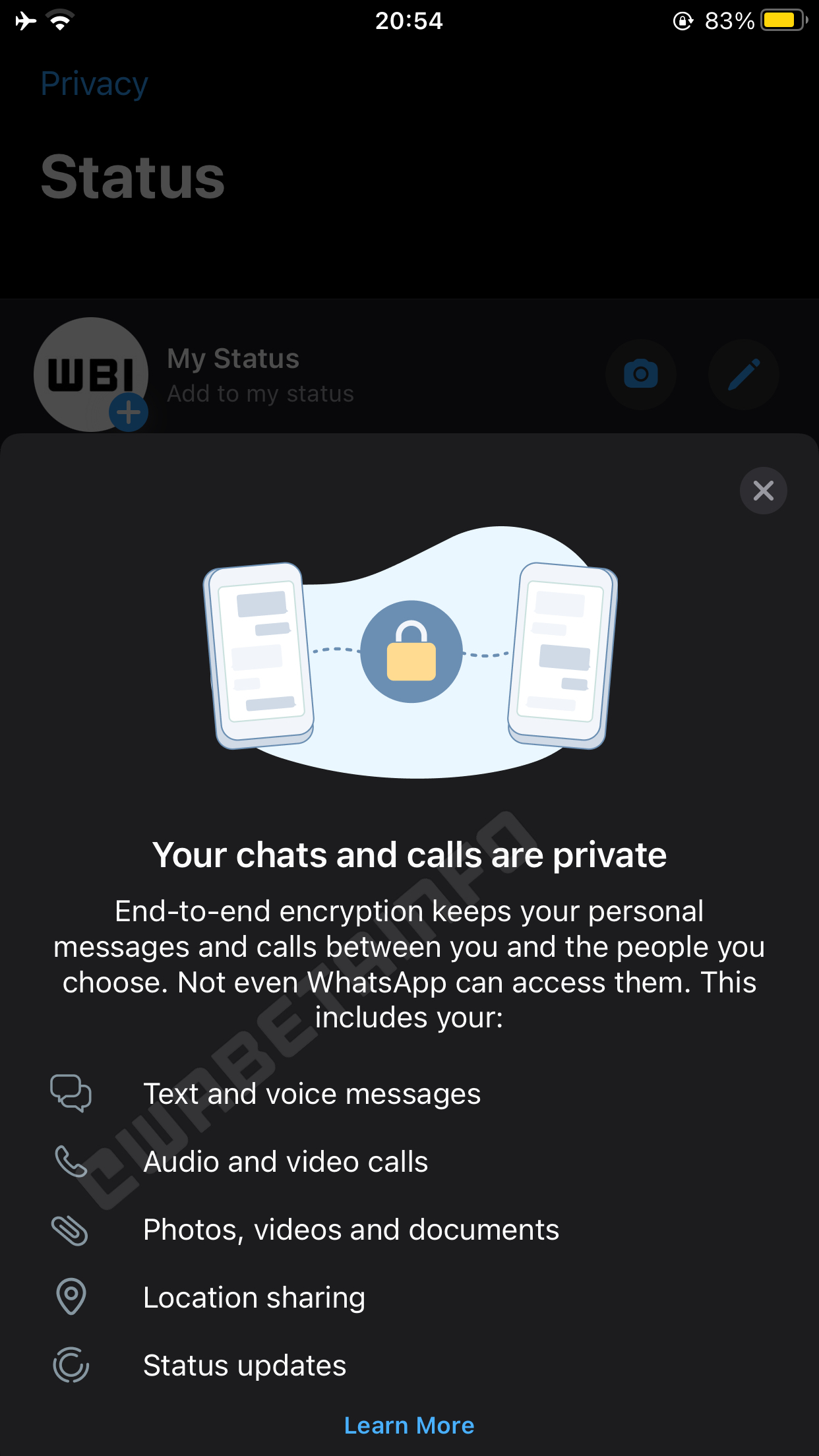 WhatsApp Notificare securitate iphone android sectiune