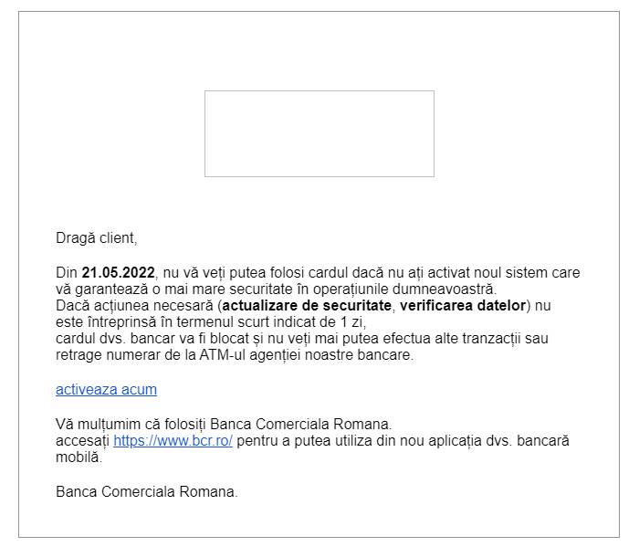 BCR Rumanía PREOCUPANTE Advertencia Se dirige a TODOS Verificación de datos Clientes