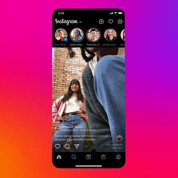 Tests Instagram affichant des vidéos verticales de style TikTok