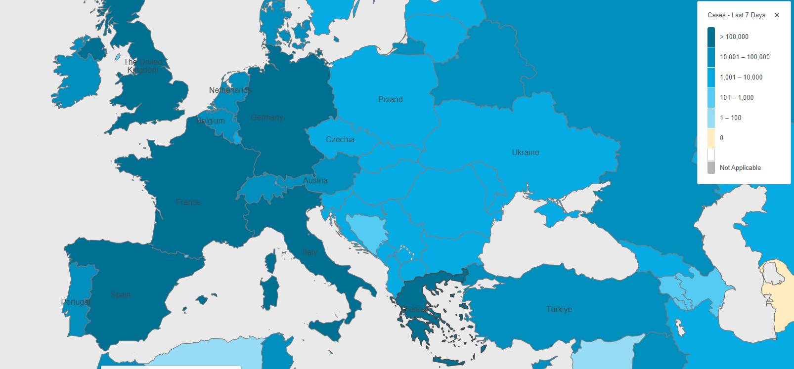 Koronawirus generuje duży wzrost nowych przypadków Grecja Francja Niemcy Włochy USA Australia Hiszpania Wielka Brytania mapa