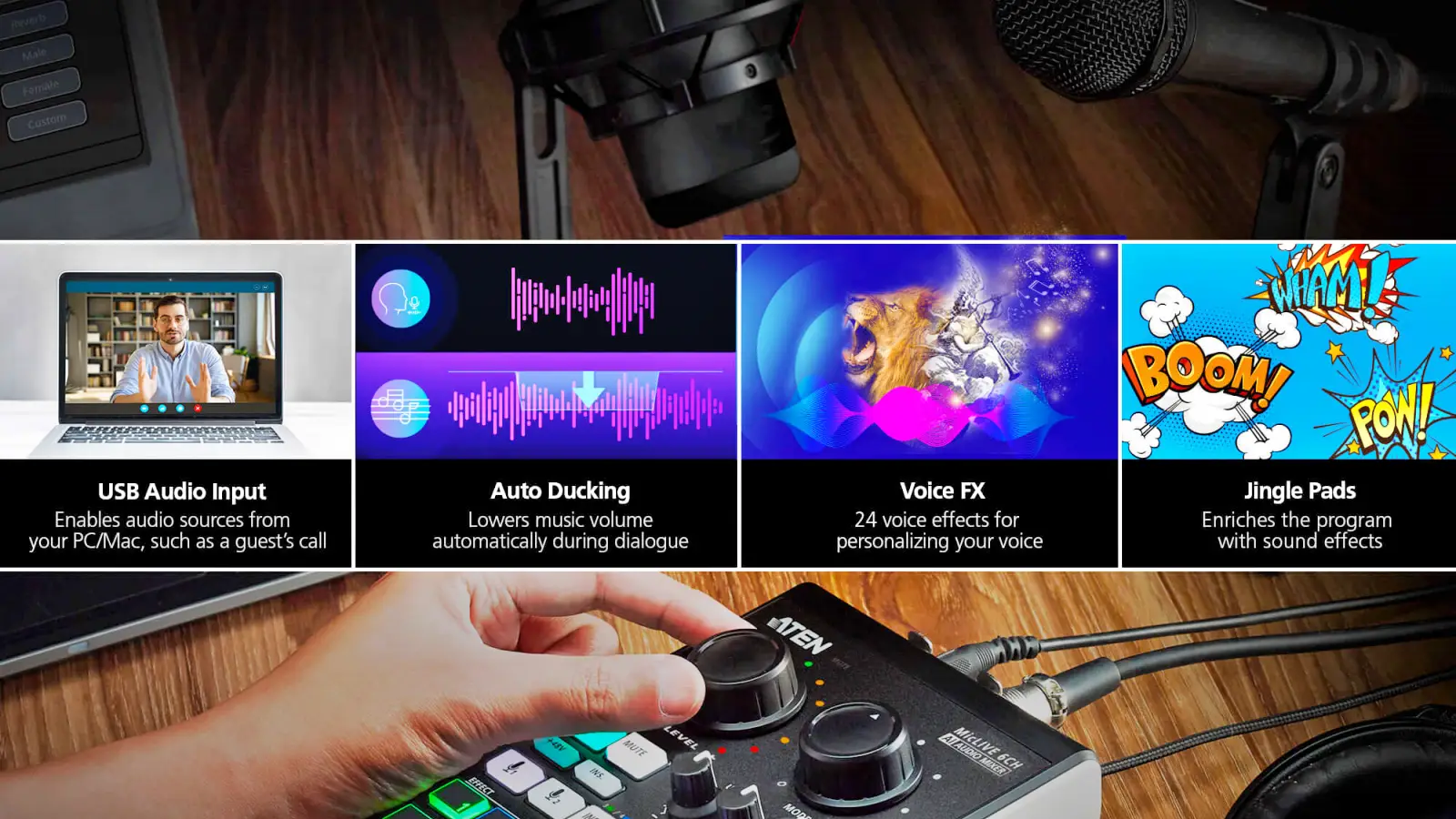 The ATEN MicLIVE audio mixer has artificial intelligence for quality podcasts