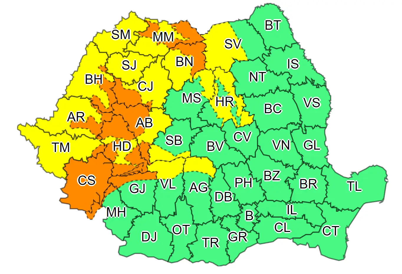 Edellisen kerran säähälytykset ANM Romania Koko kartta