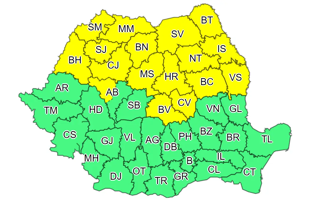 OSTATNIE RAZ Ostrzeżenie meteorologów ANM wydane dla regionów mapy Rumunii