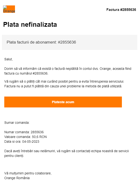 Orange ALERTA MILIOANE Clienti Romania PERICOL Serios factura falsa phishing