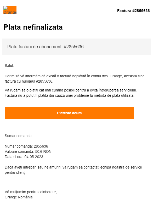 Orange ALERTE MILLIONS Roumanie Clients DANGER Phishing sur facture sérieusement fausse