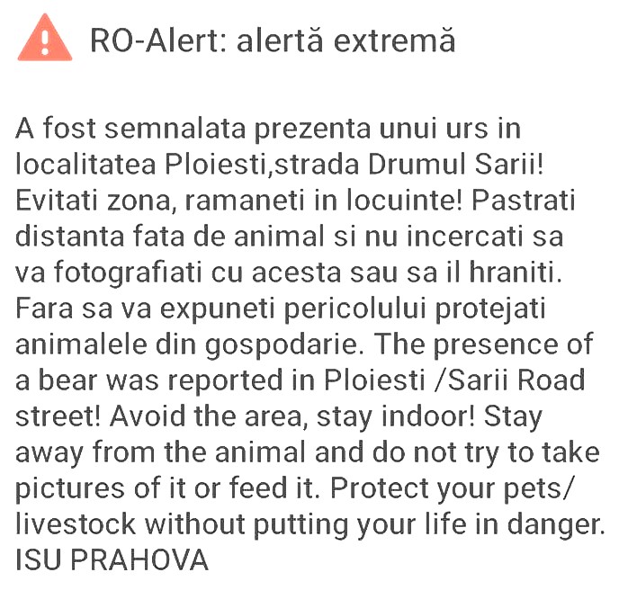 RO-ALERT Varoitusviesti, joka laittoi karhun Romanian kaartiin Ploiestissa