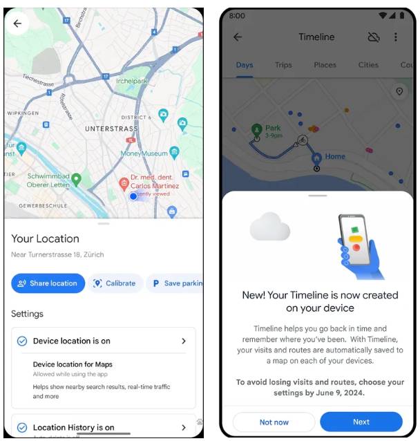 Posizioni iPhone Android della timeline di Google Maps