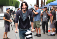 Keanu Reeves, alvorligt såret, fotograferet på krykker under optagelserne af "Good Fortune"