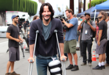 Keanu Reeves, allvarligt skadad, fotograferad på kryckor under inspelningen av "Good Fortune"