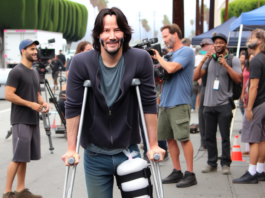 Keanu Reeves, gravemente ferito, fotografato con le stampelle durante le riprese di "Good Fortune"