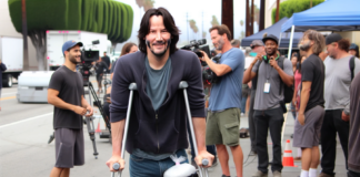 Keanu Reeves, schwer verletzt, während der Dreharbeiten zu „Good Fortune“ auf Krücken fotografiert